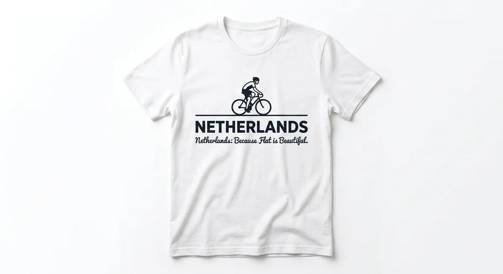 Netherlands Souvenir T-Shirt | "Flat is Beautiful" Bicycle Graphic Tee | Dutch Travel Keepsake