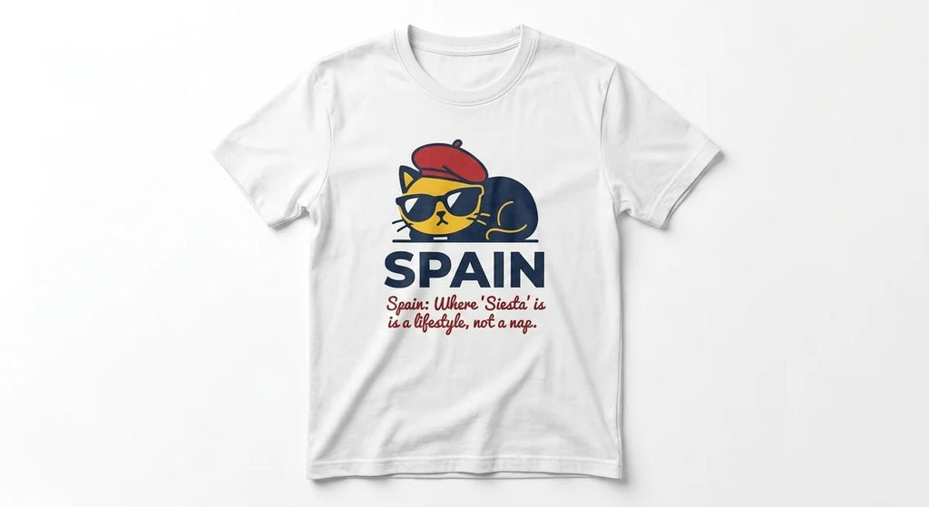 Spain "Siesta Lifestyle" Graphic T-Shirt | Funny Travel Souvenir Tee for Cat Lovers
