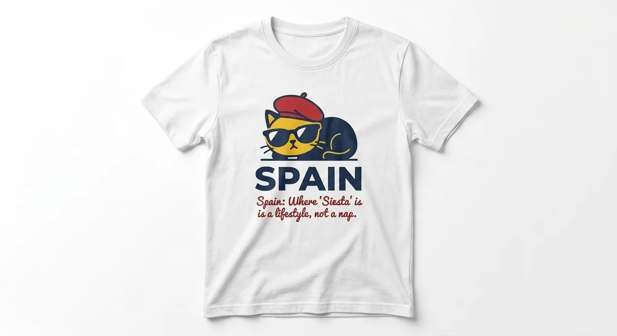 Spain "Siesta Lifestyle" Graphic T-Shirt | Funny Travel Souvenir Tee for Cat Lovers