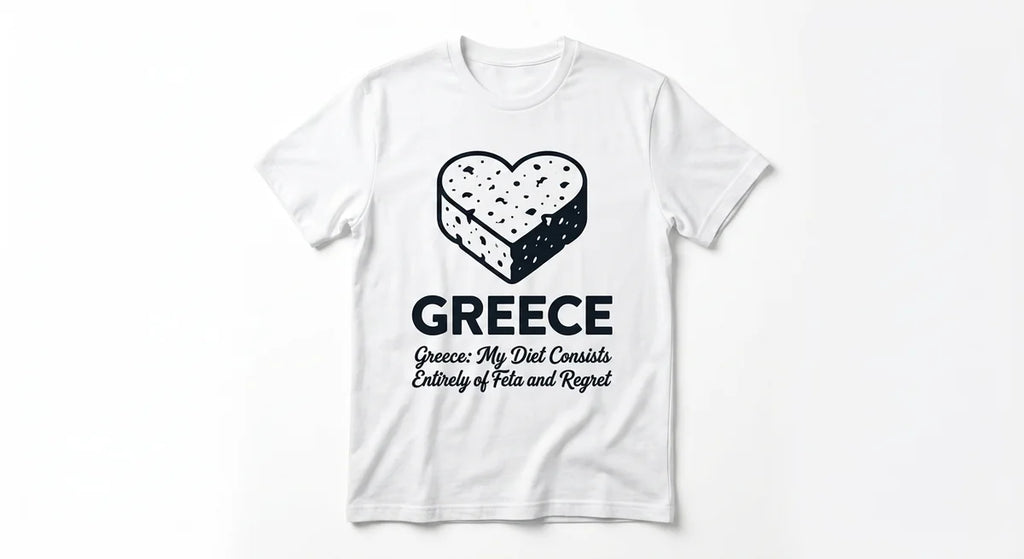 Greece Souvenir T-Shirt | "Feta & Regret" Funny Travel Graphic Tee | Iconic Mediterranean Snack Lover Shirt | 100% Cotton Unisex Apparel