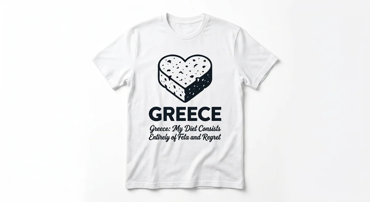 Greece Souvenir T-Shirt | "Feta & Regret" Funny Travel Graphic Tee | Iconic Mediterranean Snack Lover Shirt | 100% Cotton Unisex Apparel