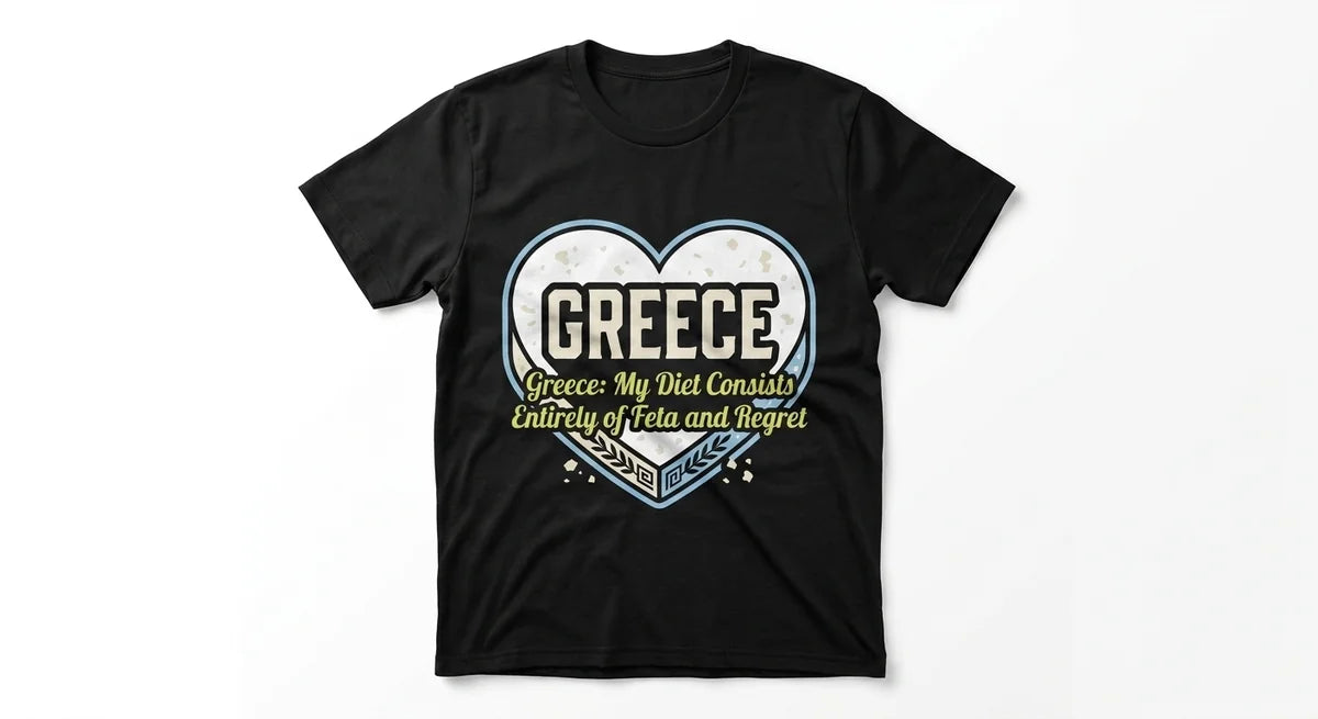 Greece Souvenir T-Shirt | "Feta & Regret" Funny Travel Graphic Tee | Iconic Mediterranean Snack Lover Shirt | 100% Cotton Unisex Apparel