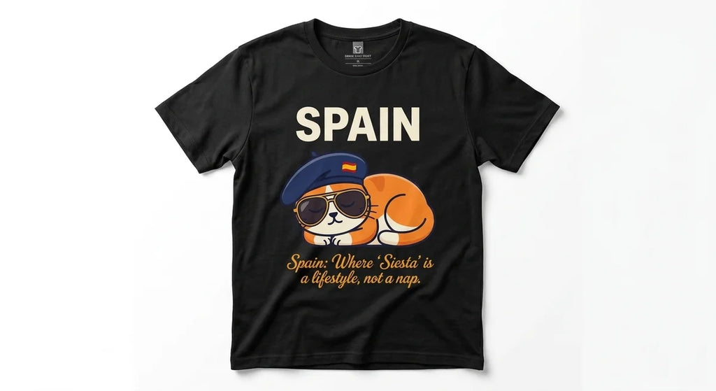 Spain "Siesta Lifestyle" Graphic T-Shirt | Funny Travel Souvenir Tee for Cat Lovers