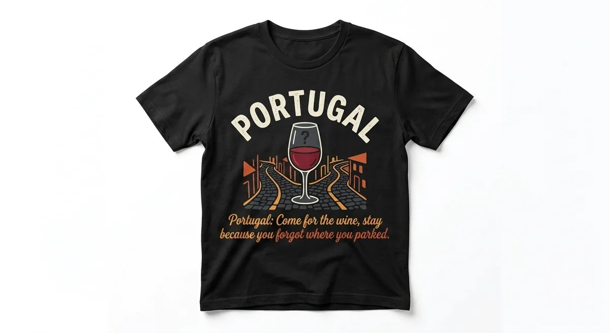 Portugal Travel T-Shirt | Funny Wine & Cobblestone Map Graphic Tee | Unisex Vacation Souvenir
