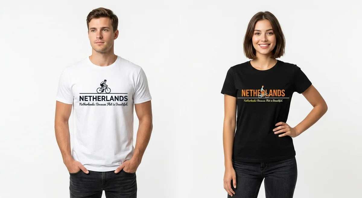 Netherlands Souvenir T-Shirt | "Flat is Beautiful" Bicycle Graphic Tee | Dutch Travel Keepsake