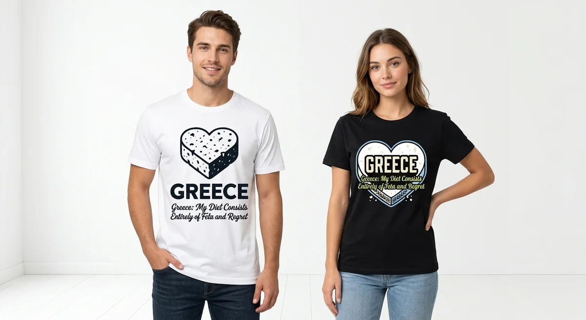 Greece Souvenir T-Shirt | "Feta & Regret" Funny Travel Graphic Tee | Iconic Mediterranean Snack Lover Shirt | 100% Cotton Unisex Apparel