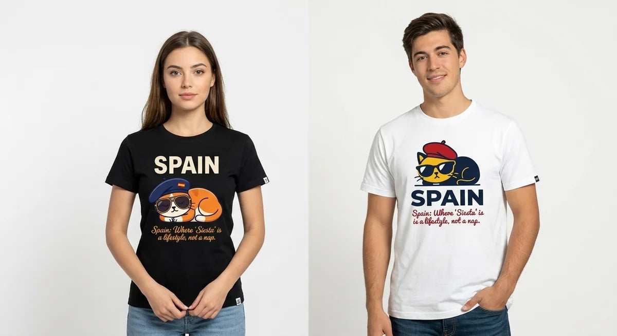 Spain "Siesta Lifestyle" Graphic T-Shirt | Funny Travel Souvenir Tee for Cat Lovers