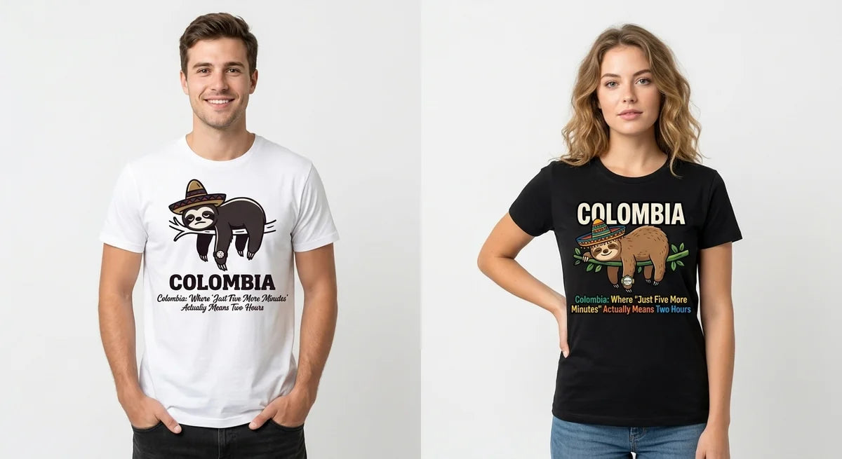 Colombia Souvenir T-Shirt | "Just Five More Minutes" Sloth Design | Premium Cotton Comfy Tee