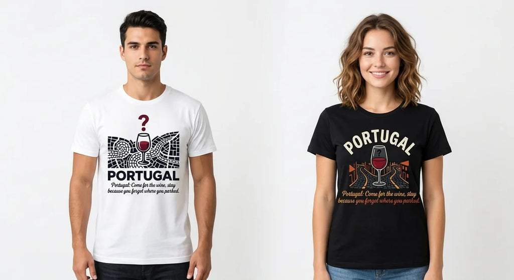 Portugal Travel T-Shirt | Funny Wine & Cobblestone Map Graphic Tee | Unisex Vacation Souvenir