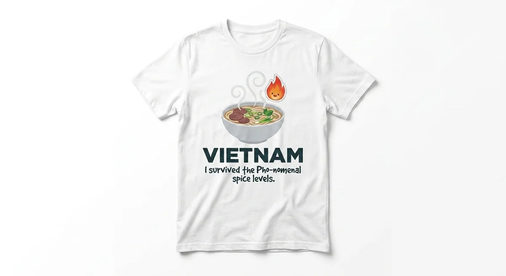 Vietnam Souvenir T-Shirt | "I Survived the Pho-nomenal Spice" Funny Foodie Graphic Tee | Premium Cotton Travel Keepsake