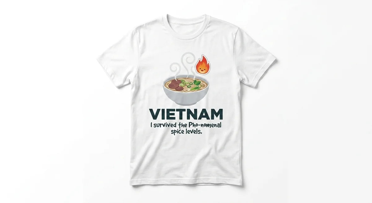 Vietnam Souvenir T-Shirt | "I Survived the Pho-nomenal Spice" Funny Foodie Graphic Tee | Premium Cotton Travel Keepsake