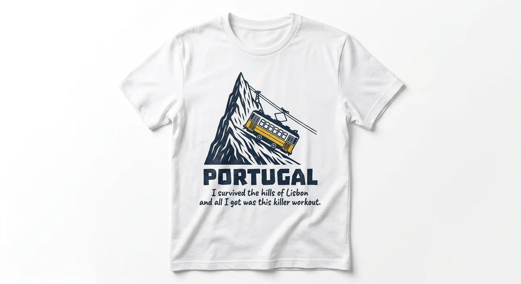 "I Survived The Hills of Lisbon" T-Shirt | Funny Portugal Travel Souvenir Tee | Vintage Style Cable Car Graphic