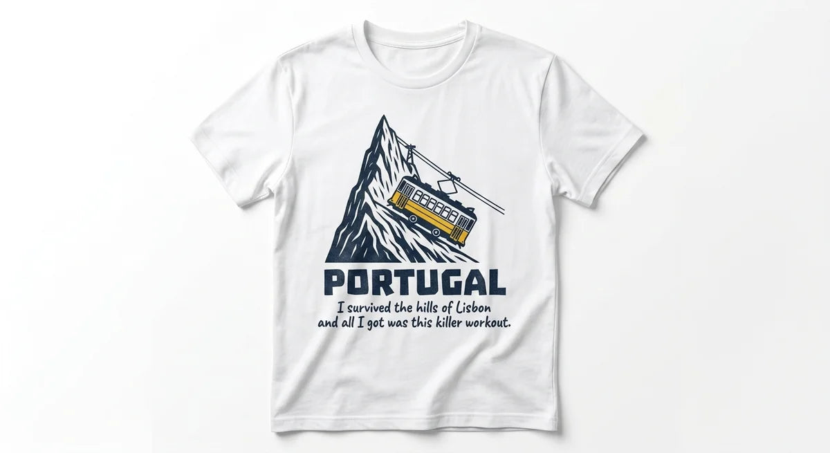 "I Survived The Hills of Lisbon" T-Shirt | Funny Portugal Travel Souvenir Tee | Vintage Style Cable Car Graphic