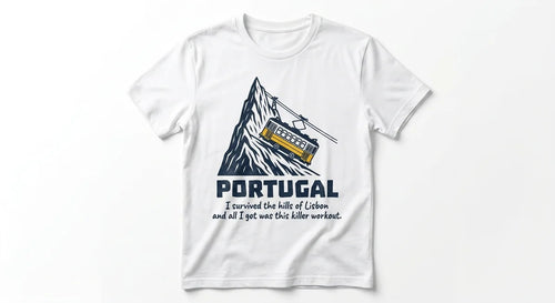 "I Survived The Hills of Lisbon" T-Shirt | Funny Portugal Travel Souvenir Tee | Vintage Style Cable Car Graphic