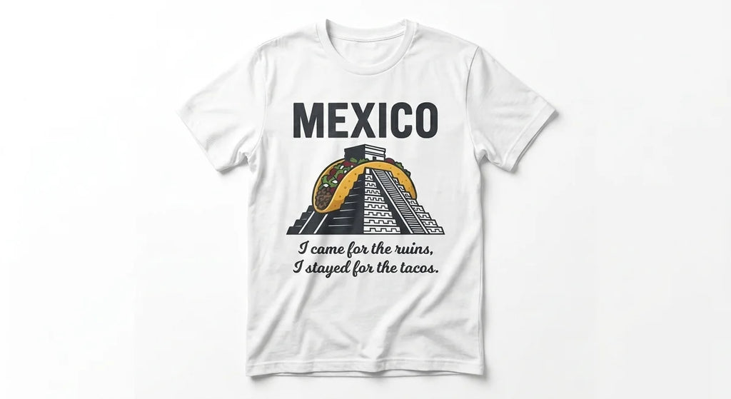 Mexico Travel T-Shirt | "I Came for the Ruins, I Stayed for the Tacos" Mayan Pyramid Graphic Tee | Funny Vacation Souvenir