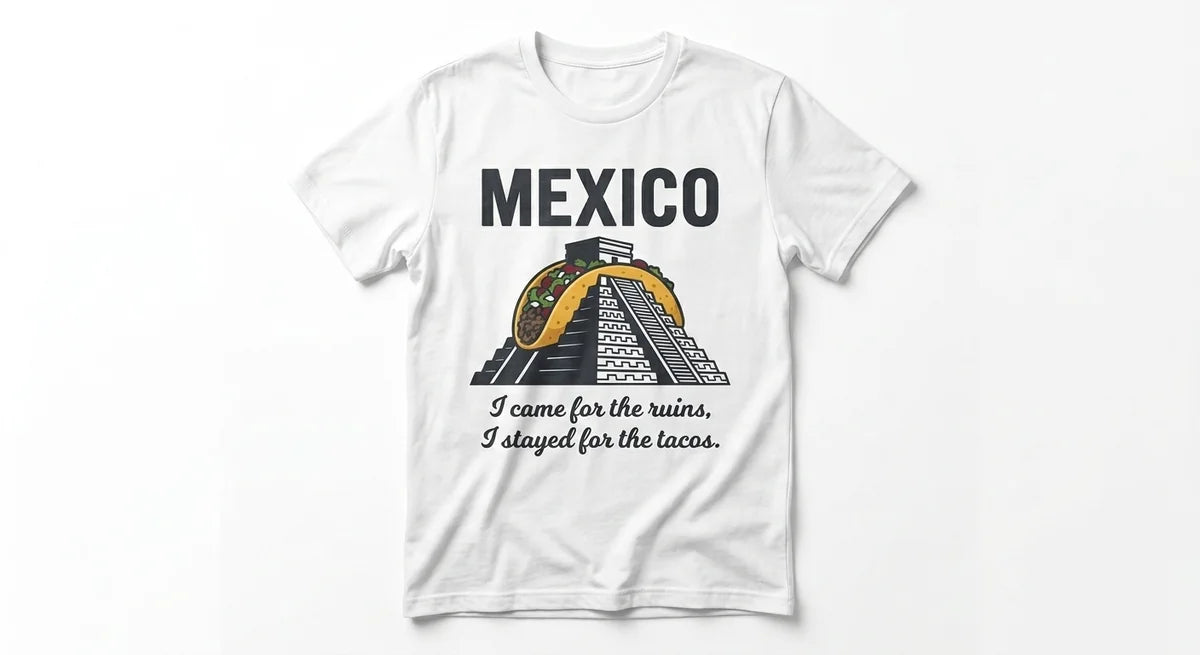 Mexico Travel T-Shirt | "I Came for the Ruins, I Stayed for the Tacos" Mayan Pyramid Graphic Tee | Funny Vacation Souvenir