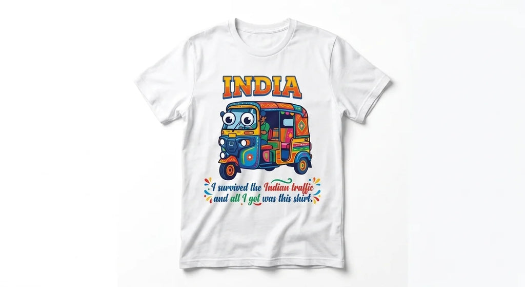 "I Survived the Indian Traffic" Souvenir T-Shirt – Funny Rickshaw Graphic Tee for Travelers