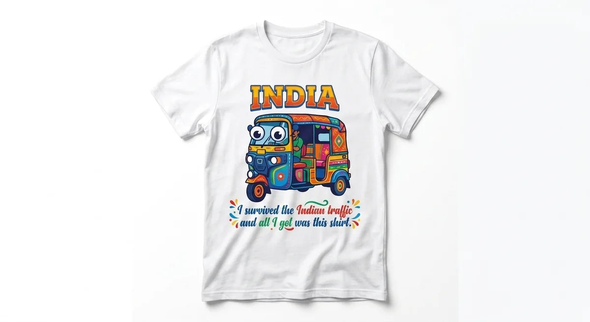 "I Survived the Indian Traffic" Souvenir T-Shirt – Funny Rickshaw Graphic Tee for Travelers