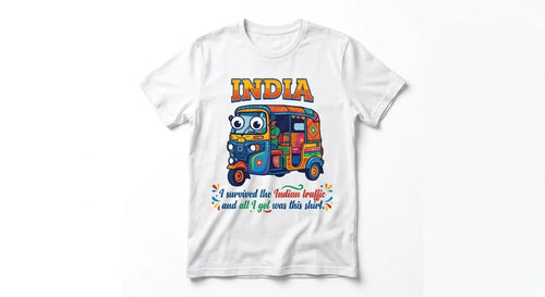 "I Survived the Indian Traffic" Souvenir T-Shirt – Funny Rickshaw Graphic Tee for Travelers