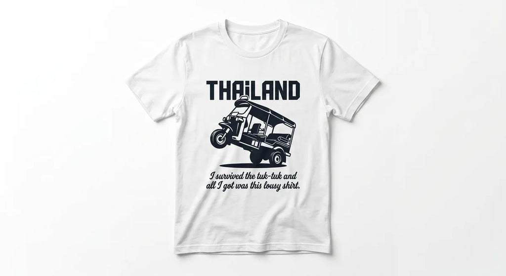 Thailand Travel Souvenir T-Shirt | "I Survived the Tuk-Tuk" Funny Graphic Tee | Retro Rickshaw Wheelie Design
