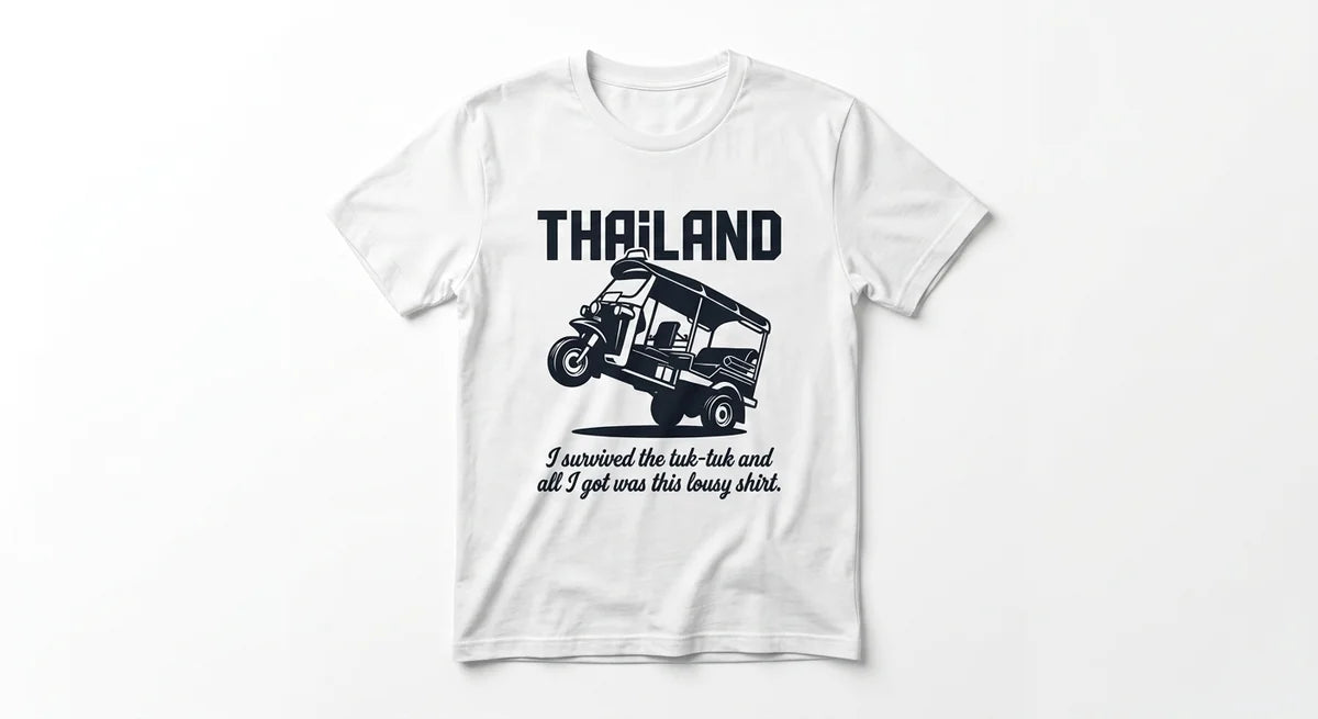 Thailand Travel Souvenir T-Shirt | "I Survived the Tuk-Tuk" Funny Graphic Tee | Retro Rickshaw Wheelie Design