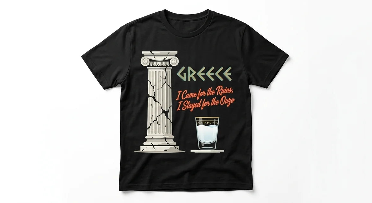 "I Came for the Ruins, I Stayed for the Ouzo" Greece Souvenir T-Shirt – Premium Cotton Funny Travel Tee