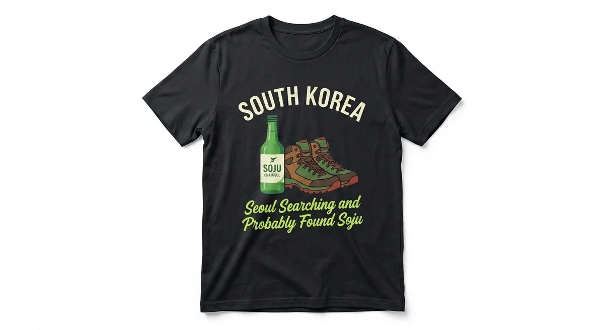 Seoul Searching Soju Bottle Graphic T-Shirt | Funny South Korea Travel Souvenir Tee