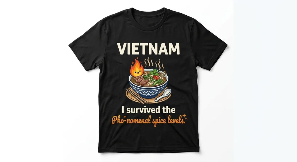 Vietnam Souvenir T-Shirt | "I Survived the Pho-nomenal Spice" Funny Foodie Graphic Tee | Premium Cotton Travel Keepsake