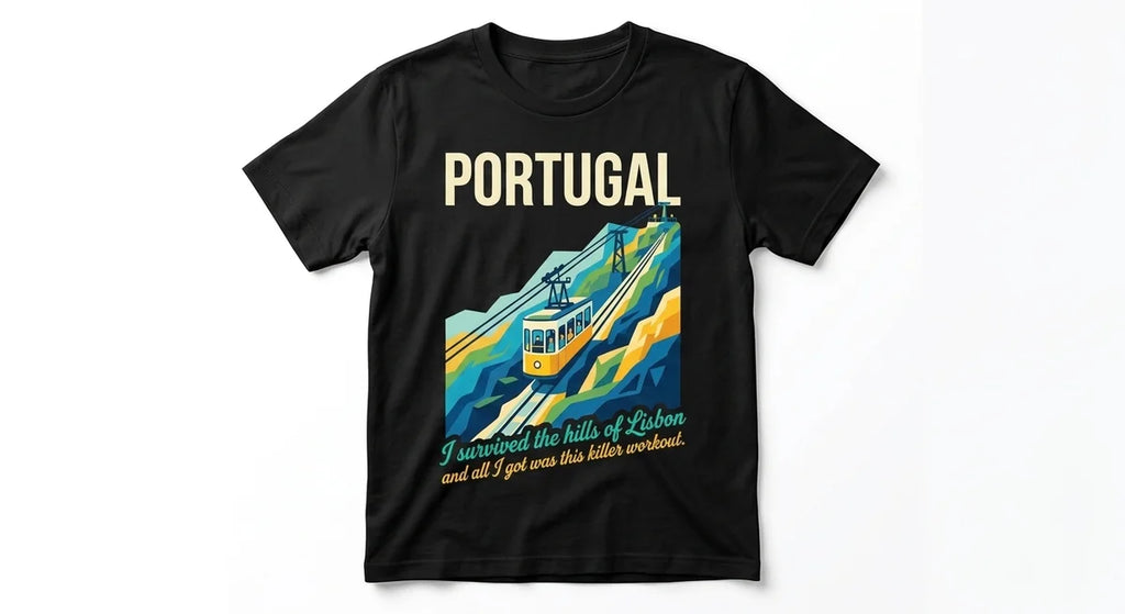"I Survived The Hills of Lisbon" T-Shirt | Funny Portugal Travel Souvenir Tee | Vintage Style Cable Car Graphic