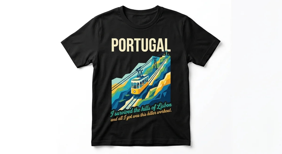 "I Survived The Hills of Lisbon" T-Shirt | Funny Portugal Travel Souvenir Tee | Vintage Style Cable Car Graphic