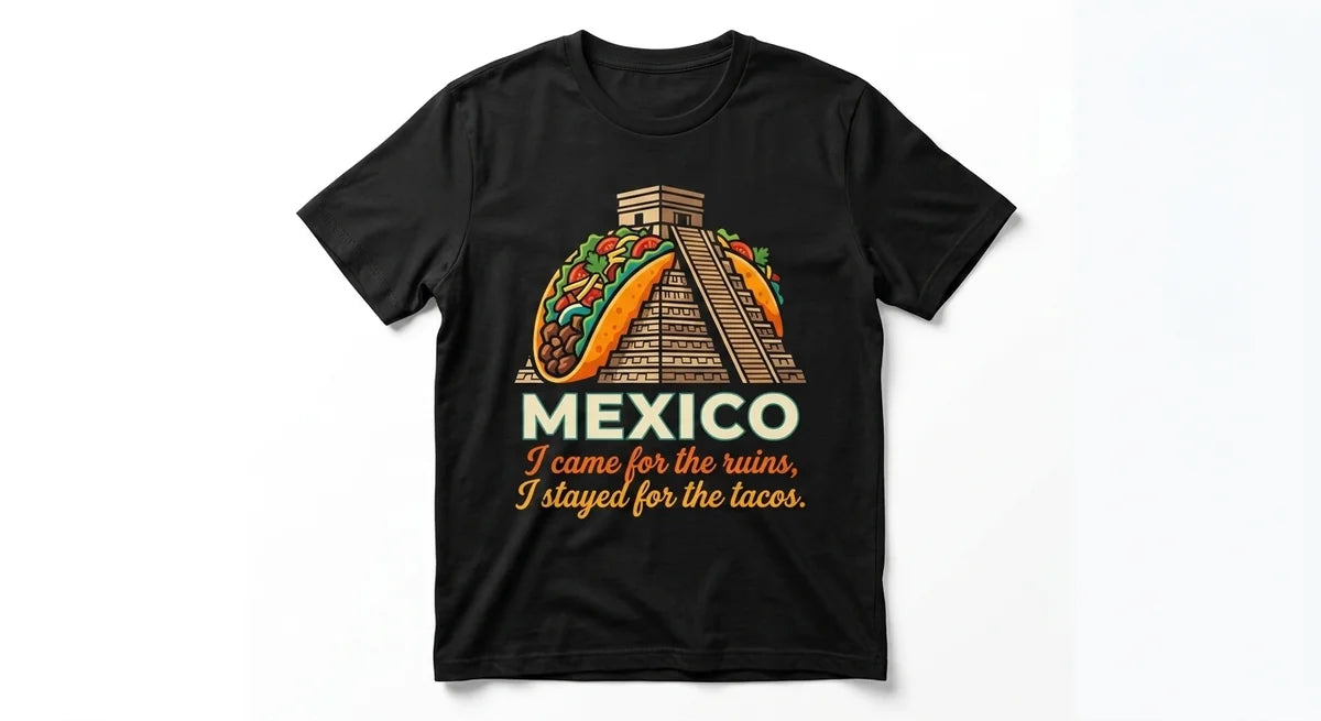 Mexico Travel T-Shirt | "I Came for the Ruins, I Stayed for the Tacos" Mayan Pyramid Graphic Tee | Funny Vacation Souvenir