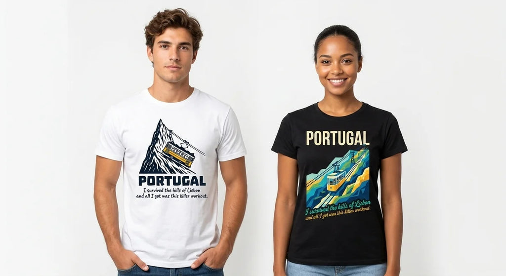 "I Survived The Hills of Lisbon" T-Shirt | Funny Portugal Travel Souvenir Tee | Vintage Style Cable Car Graphic