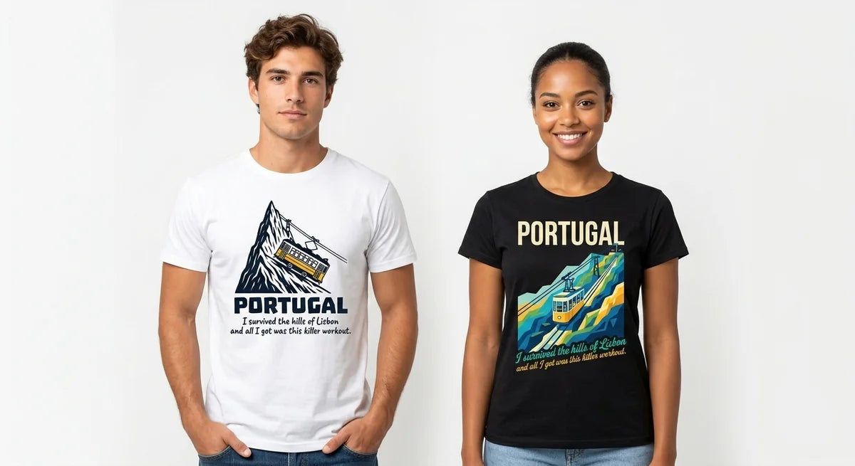 "I Survived The Hills of Lisbon" T-Shirt | Funny Portugal Travel Souvenir Tee | Vintage Style Cable Car Graphic