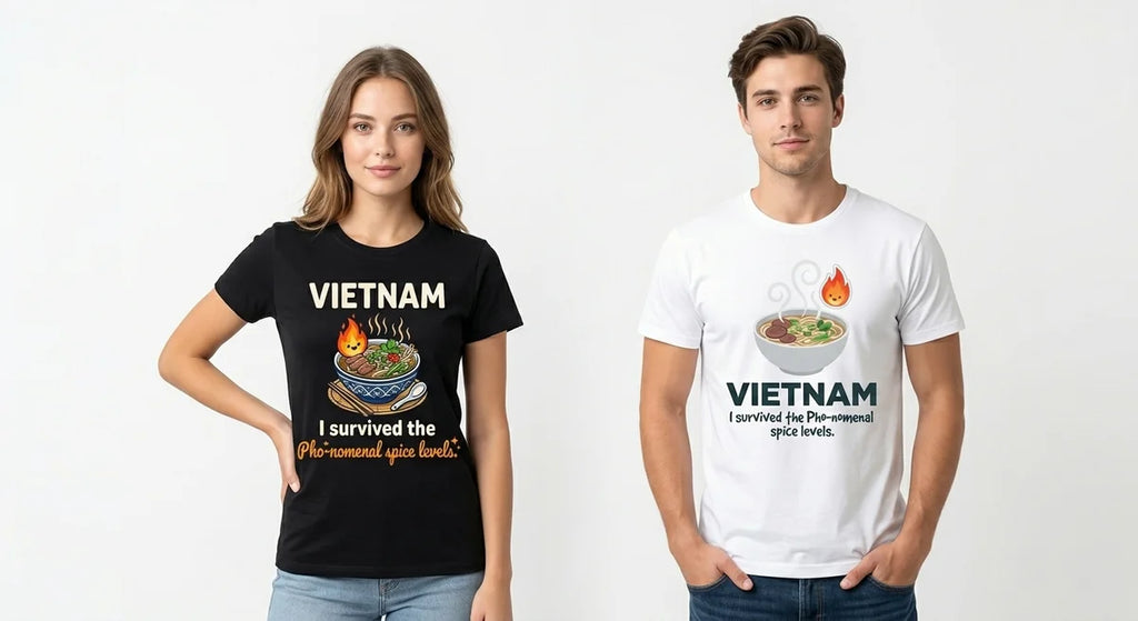 Vietnam Souvenir T-Shirt | "I Survived the Pho-nomenal Spice" Funny Foodie Graphic Tee | Premium Cotton Travel Keepsake
