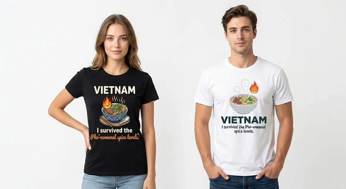Vietnam Souvenir T-Shirt | "I Survived the Pho-nomenal Spice" Funny Foodie Graphic Tee | Premium Cotton Travel Keepsake