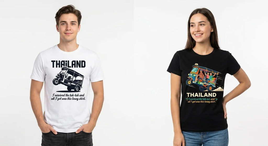 Thailand Travel Souvenir T-Shirt | "I Survived the Tuk-Tuk" Funny Graphic Tee | Retro Rickshaw Wheelie Design