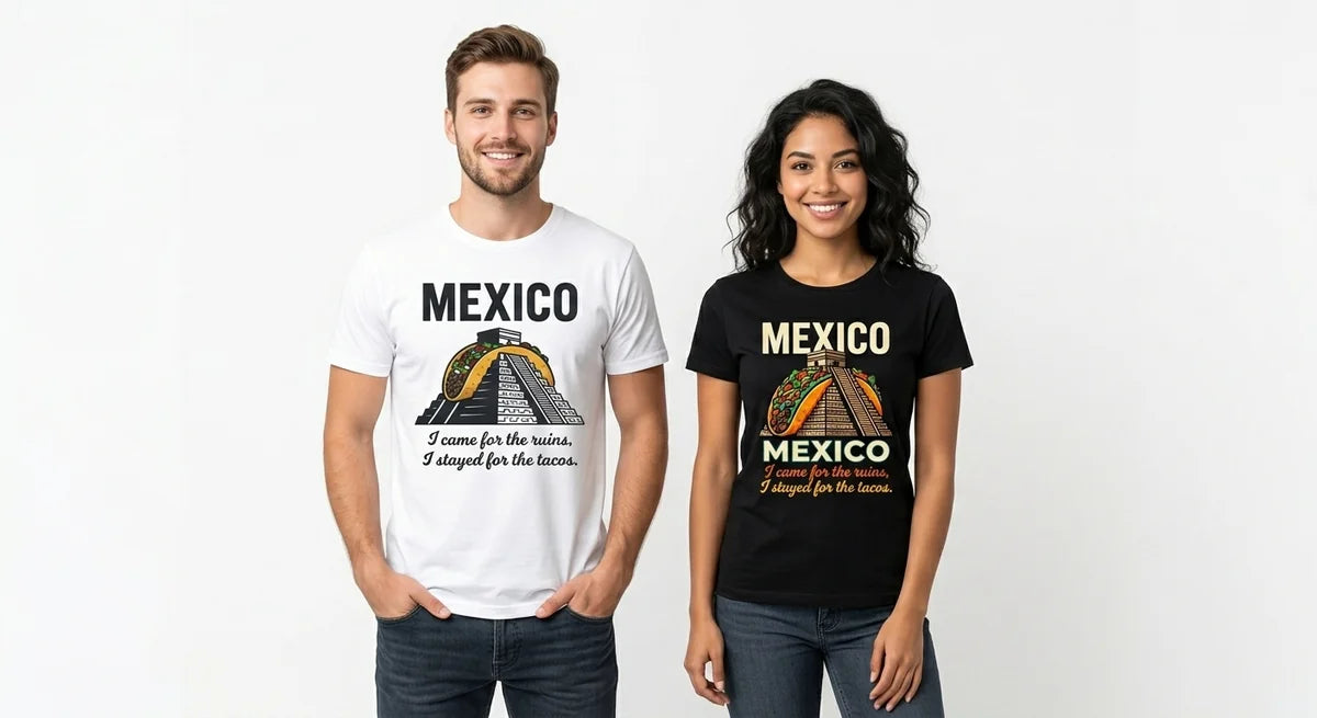 Mexico Travel T-Shirt | "I Came for the Ruins, I Stayed for the Tacos" Mayan Pyramid Graphic Tee | Funny Vacation Souvenir