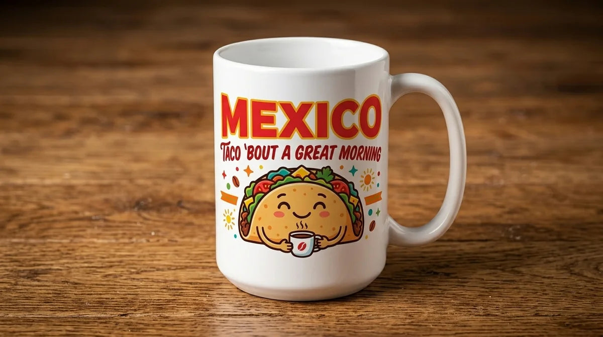 Mexico Souvenir Coffee Mug – 'Taco 'Bout A Great Morning' Ceramic Cup – Funny Foodie Gift