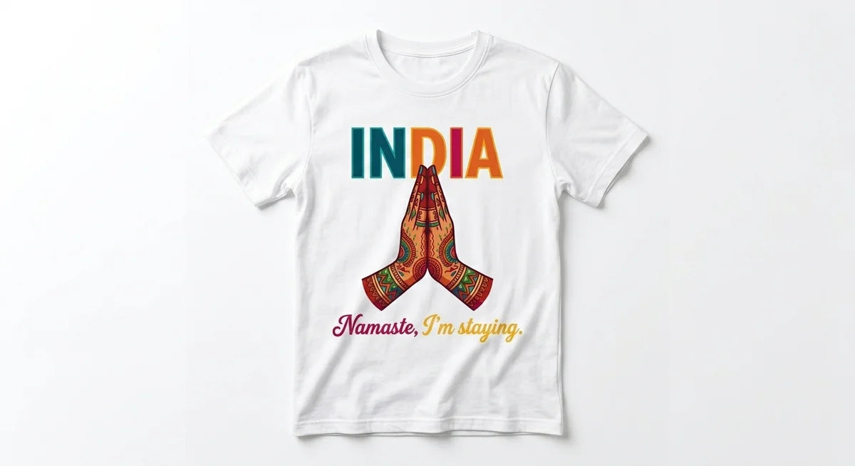 "Namaste, I’m Staying" India Souvenir T-Shirt | Premium Cotton Graphic Tee for Travelers Who Never Want to Leave