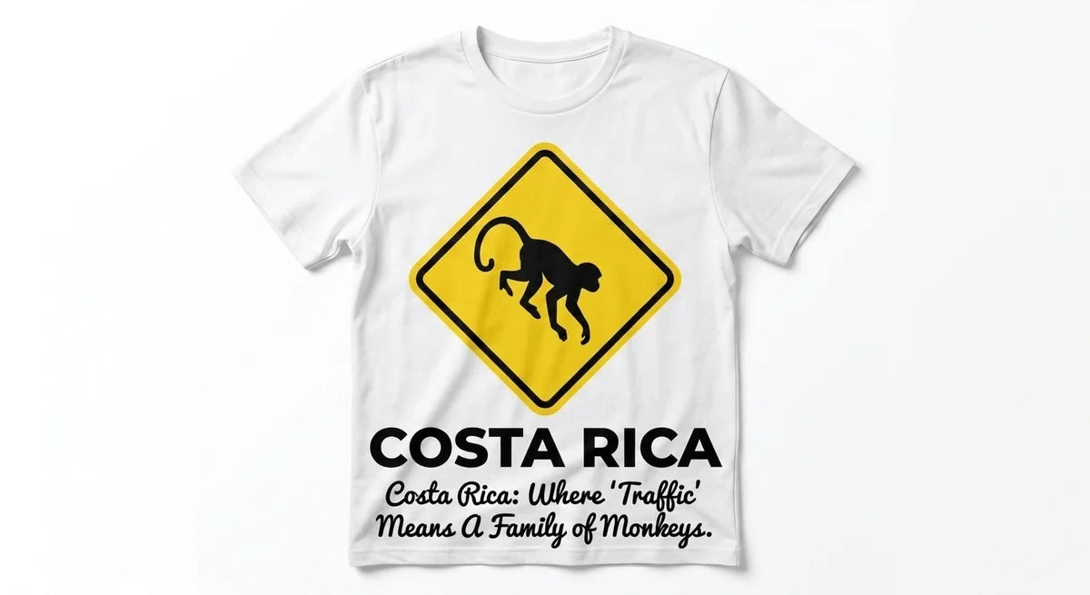 Costa Rica Travel T-Shirt | "Traffic Jam" Monkey Graphic Tee | Funny Wildlife Souvenir | 100% Combed Cotton