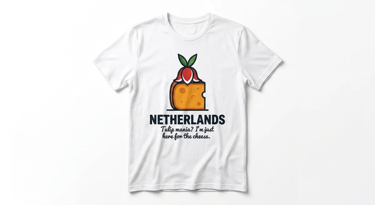 Netherlands Souvenir T-Shirt | 'Tulip Mania? I'm Just Here for the Cheese' Gouda Graphic Tee