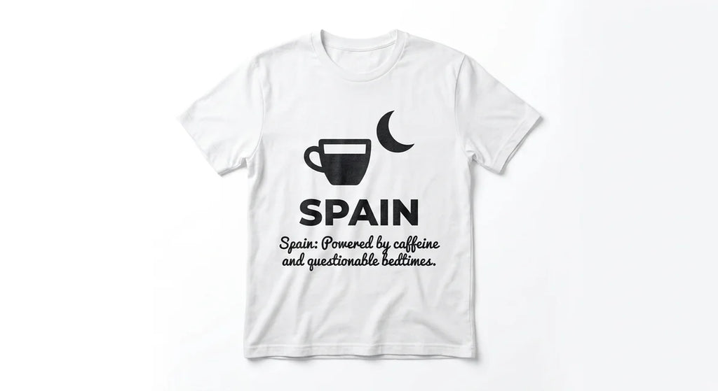 "Powered by Caffeine and Questionable Bedtimes" Graphic Tee | Funny Spain Souvenir | Ultra-Soft Unisex Cotton Shirt