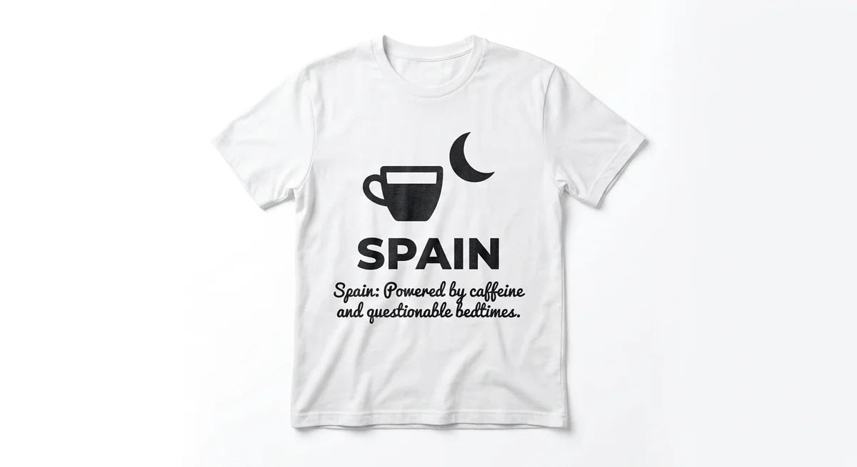 "Powered by Caffeine and Questionable Bedtimes" Graphic Tee | Funny Spain Souvenir | Ultra-Soft Unisex Cotton Shirt
