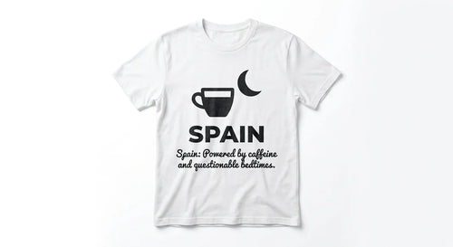 "Powered by Caffeine and Questionable Bedtimes" Graphic Tee | Funny Spain Souvenir | Ultra-Soft Unisex Cotton Shirt