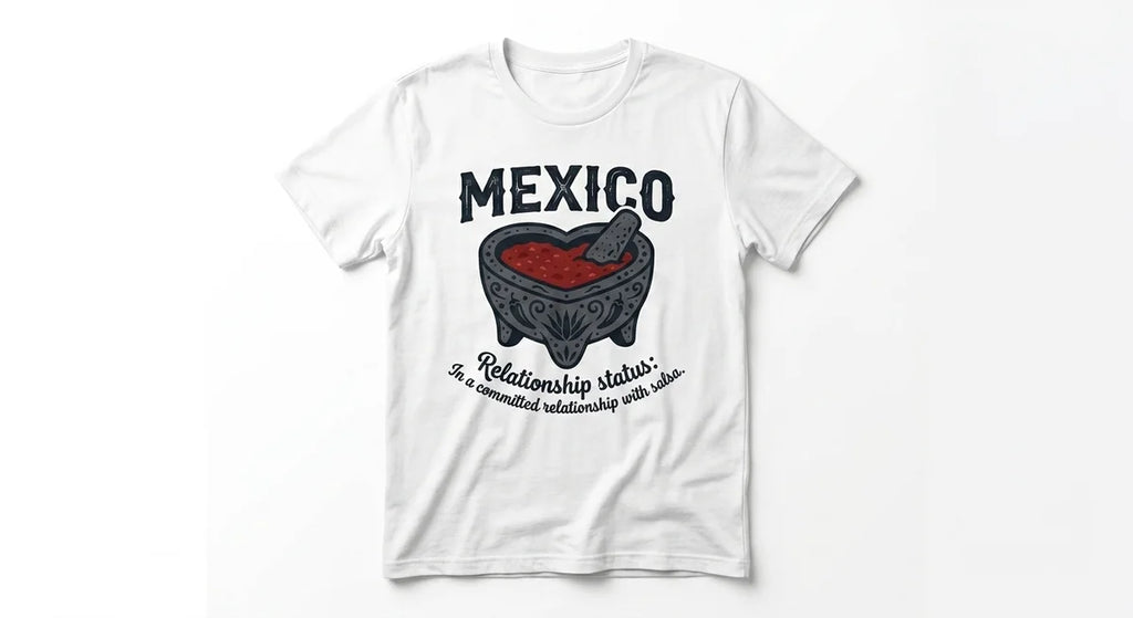 "In a Committed Relationship with Salsa" Mexico Souvenir T-Shirt | Heart-Shaped Molcajete Graphic Tee