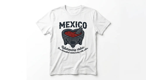 "In a Committed Relationship with Salsa" Mexico Souvenir T-Shirt | Heart-Shaped Molcajete Graphic Tee