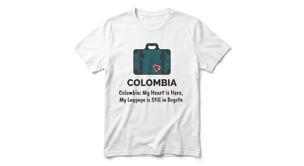 Colombia Travel T-Shirt: "Heart Left in Colombia, Luggage Lost in Bogota" Funny Souvenir Tee