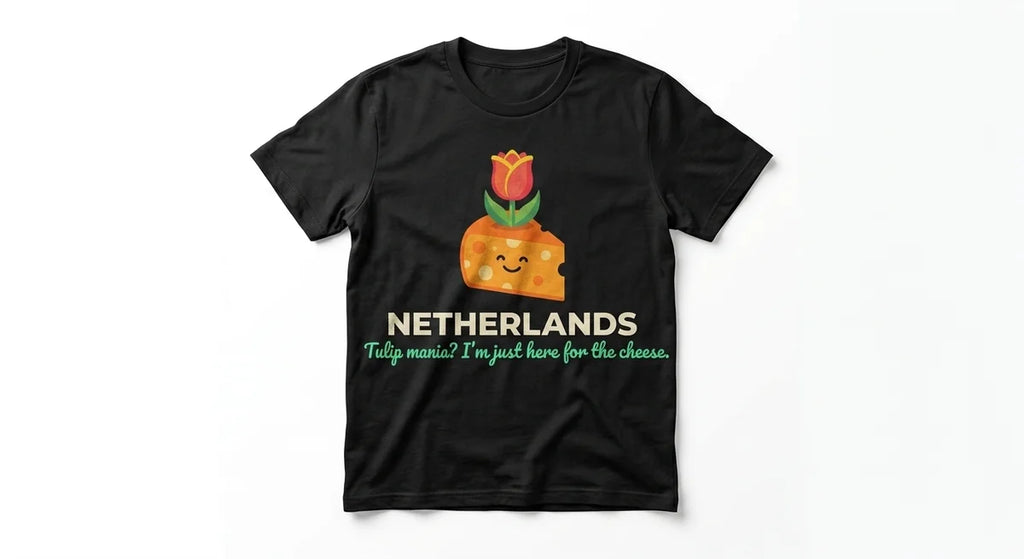 Netherlands Souvenir T-Shirt | 'Tulip Mania? I'm Just Here for the Cheese' Gouda Graphic Tee