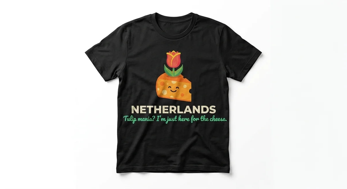 Netherlands Souvenir T-Shirt | 'Tulip Mania? I'm Just Here for the Cheese' Gouda Graphic Tee