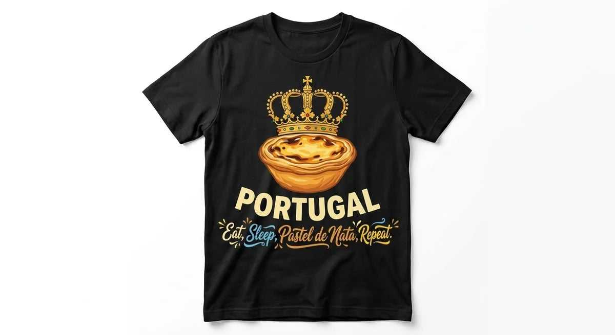 Portugal Travel T-Shirt | Eat, Sleep, Pastel de Nata, Repeat | Funny Custard Tart Crown Graphic Tee